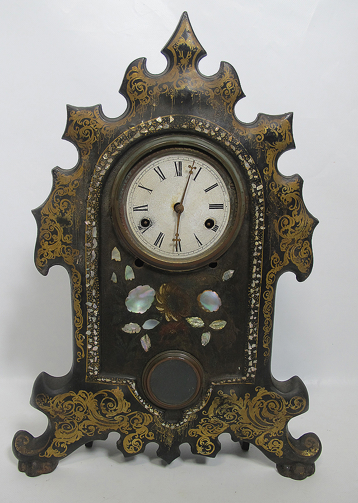 Antique C 1850 Cast Iron Mother Of Pearl Inlay Mantel Clock Chauncey Brown Yqz Ebay 3340